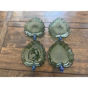 Dynasty Gallery Set of 4 Green Glass Leaf Plates Blue Handles Serving Dishes